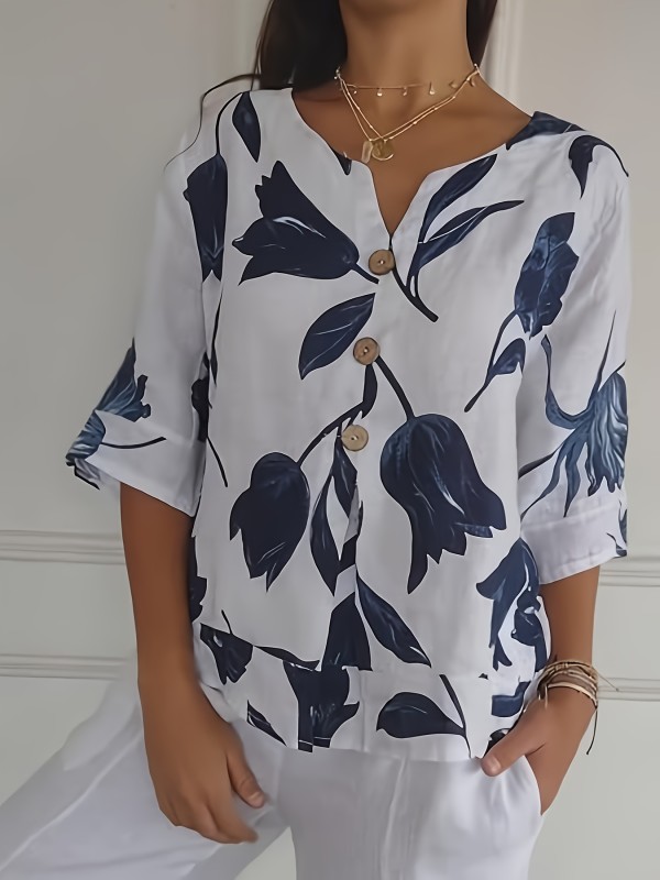 Women's Lightweight Blouse - Elegant Loose Fit V-Neck Shirt with Navy Floral Print on White, Non-See-Through Office & Everyday Blouse for Women, All-Season Machine Washable Tops, Versatile Clothing, Casual Wear, Breathable Fabric, Durable Buttons