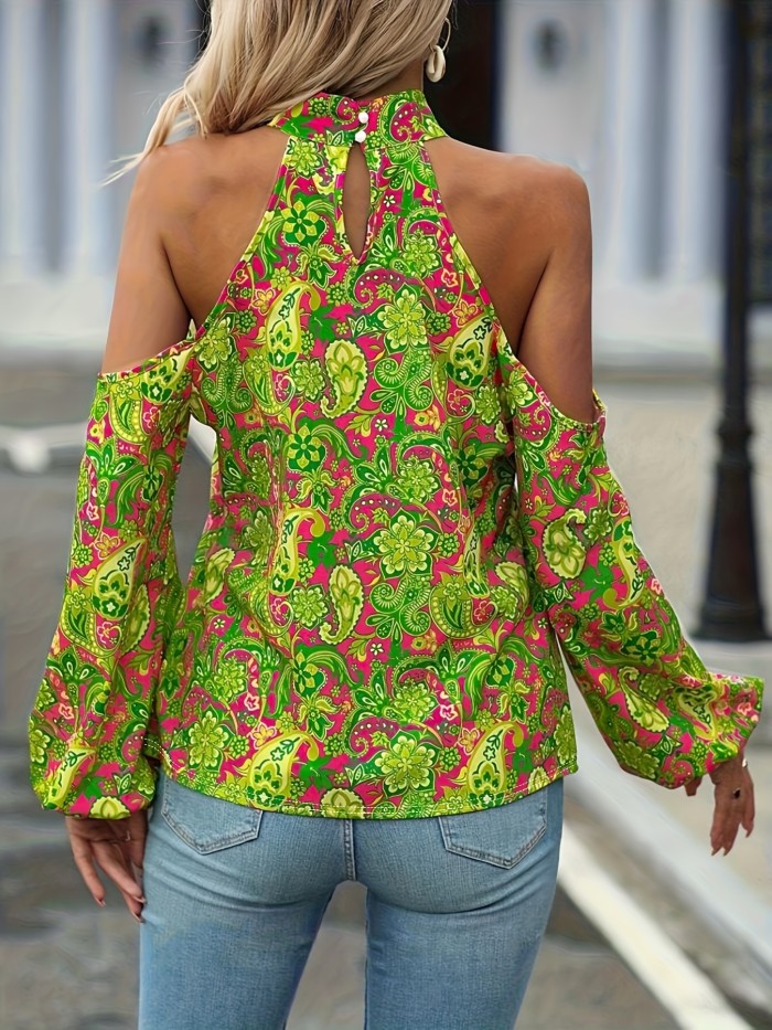 Women's Off-Shoulder Paisley Print Blouse - Lightweight Polyester Machine-Washable Top with Puffed Sleeves, Vibrant Green Floral Pattern for Spring\u002FSummer Casual & Formal Wear