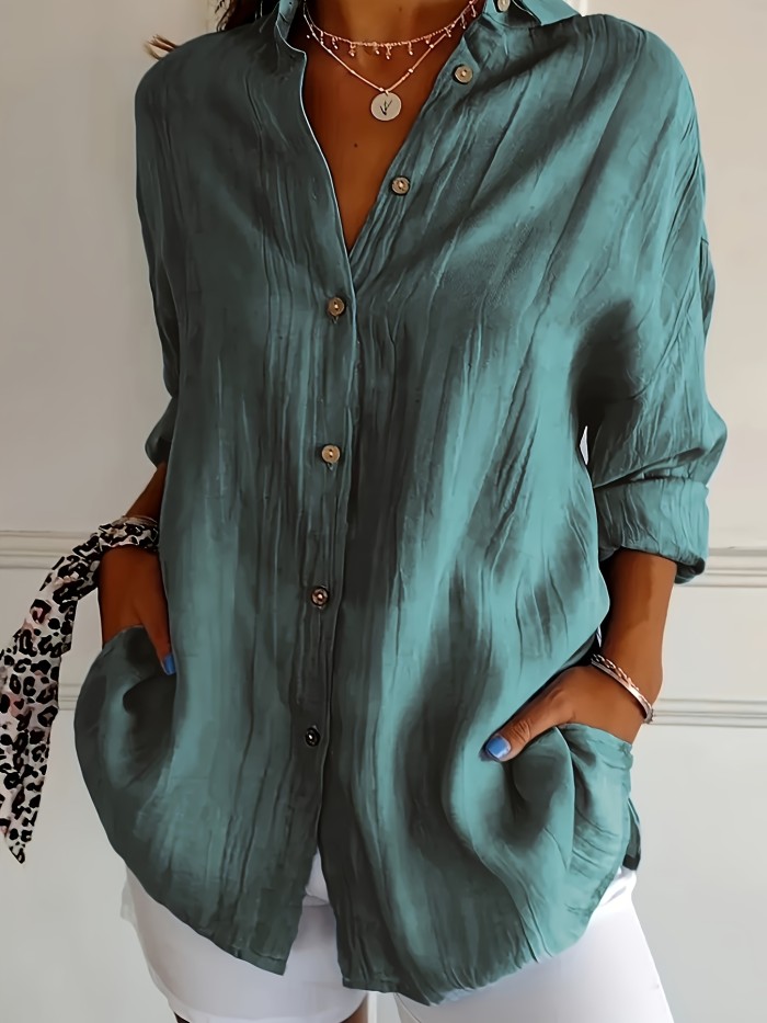 Women'S Solid Color Pleated Collar Women'S Solid Color Pullover Top