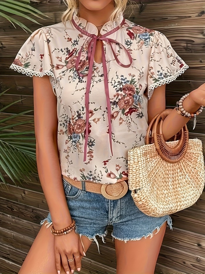 Women's Vintage French Floral Blouse with Bow Tie Neckline & Butterfly Sleeves - Lightweight Short Sleeve Top for Spring\u002FSummer, Machine Washable Elegant Casual Wear, Floral Print Blouse, Summer Fashion, Bellabuttonup Shirt, Nontransparent Fabric