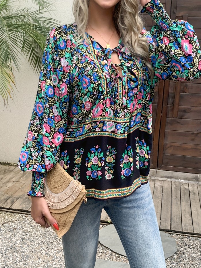 Women's Bohemian Floral shirt - Loose V-Neck Blouse with Drawstring, Long Sleeve boho top in Floral Print (Red\u002FBlue\u002FPink\u002FBlack\u002FTeal\u002FOrange\u002FPurple\u002FWhite\u002F) for Vacation, Festival, Everyday - Machine Washable Lightweight Blouse, Festival Attire, Nontransparent Fabric