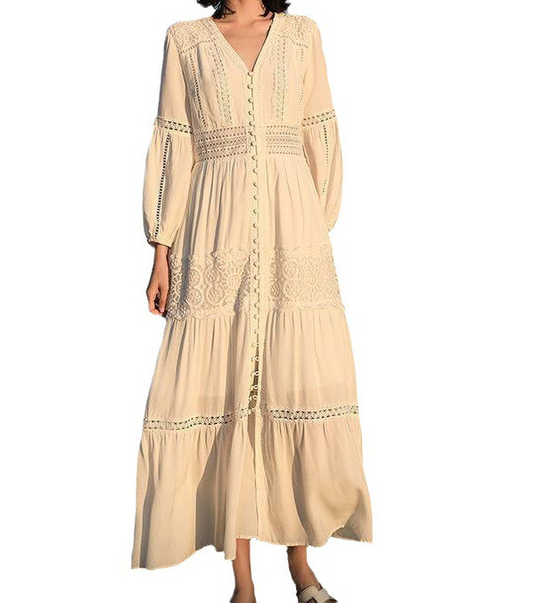 Women's Fashion Retro Casual White Lace Holiday Beach Long Dress