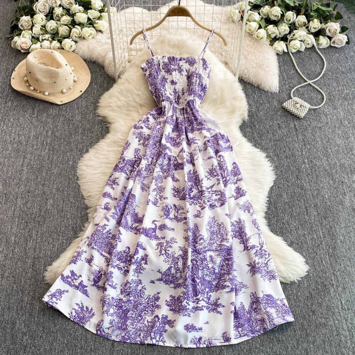 Fashion Print Romantic Retro Party Elastic High Waist Holiday Maxi Beach Dress