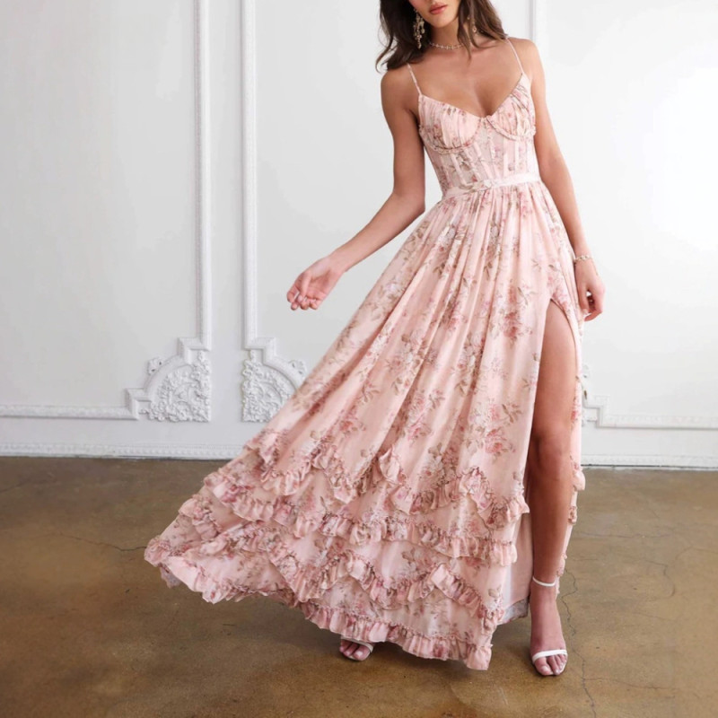 Sexy Beach Square Collar Sleeveless High Waist Split Ruched Temeprament Maxi Dress