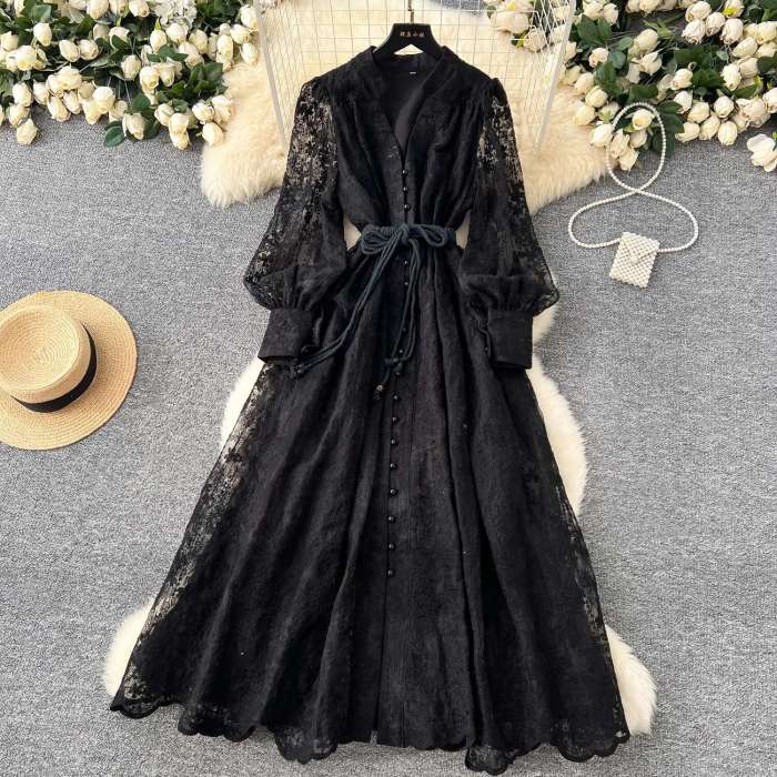 Luxury Embroidery Formal Lantern Long Sleeve Lace  Prom Evening Birthday Party Dress
