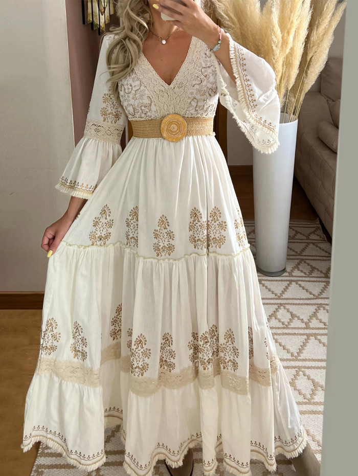 Retro Floral Print Lace V-Neck Elegant Classic Flared Sleeve Holiday Elegant Maxi Dress