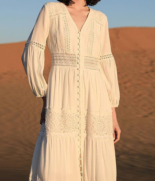 Women's Fashion Retro Casual White Lace Holiday Beach Long Dress