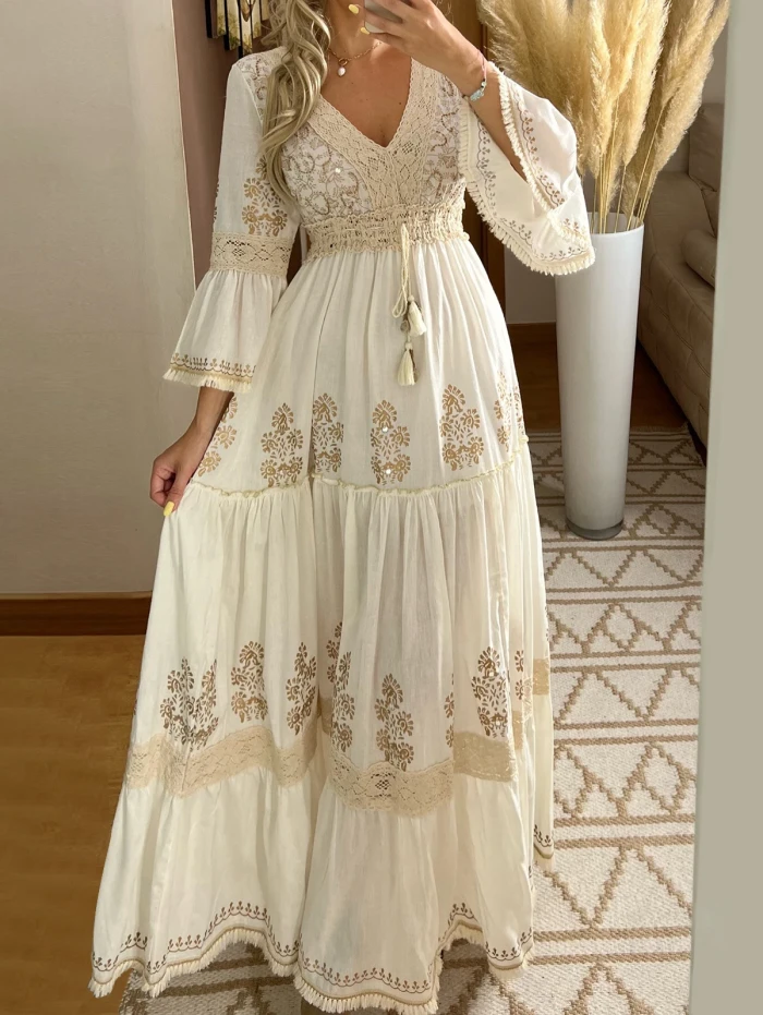 Retro Floral Print Lace V-Neck Elegant Classic Flared Sleeve Holiday Elegant Maxi Dress