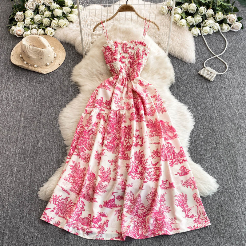 Fashion Print Romantic Retro Party Elastic High Waist Holiday Maxi Beach Dress