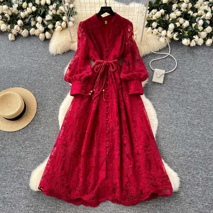 Luxury Embroidery Formal Lantern Long Sleeve Lace  Prom Evening Birthday Party Dress
