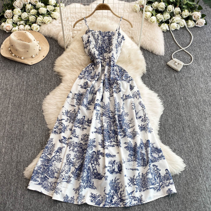 Fashion Print Romantic Retro Party Elastic High Waist Holiday Maxi Beach Dress