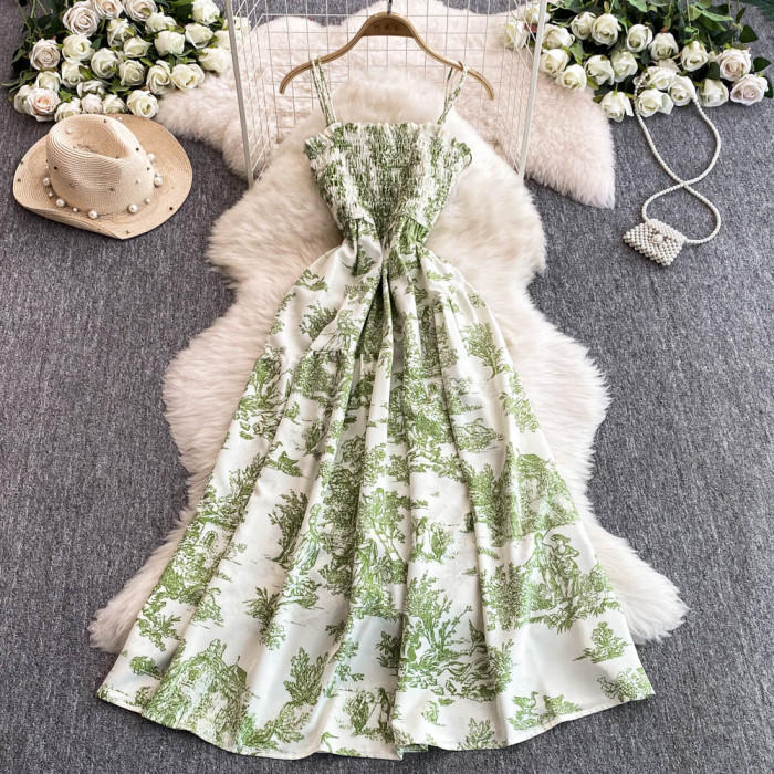 Fashion Print Romantic Retro Party Elastic High Waist Holiday Maxi Beach Dress
