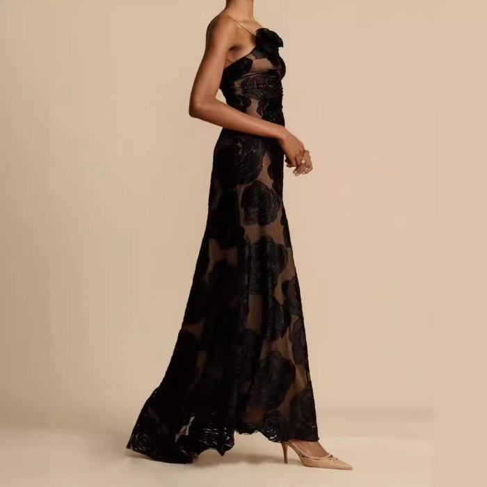 New Women's Sexy  Black Perspective Suspender Sexy Backless Long Evening Dresses for Women