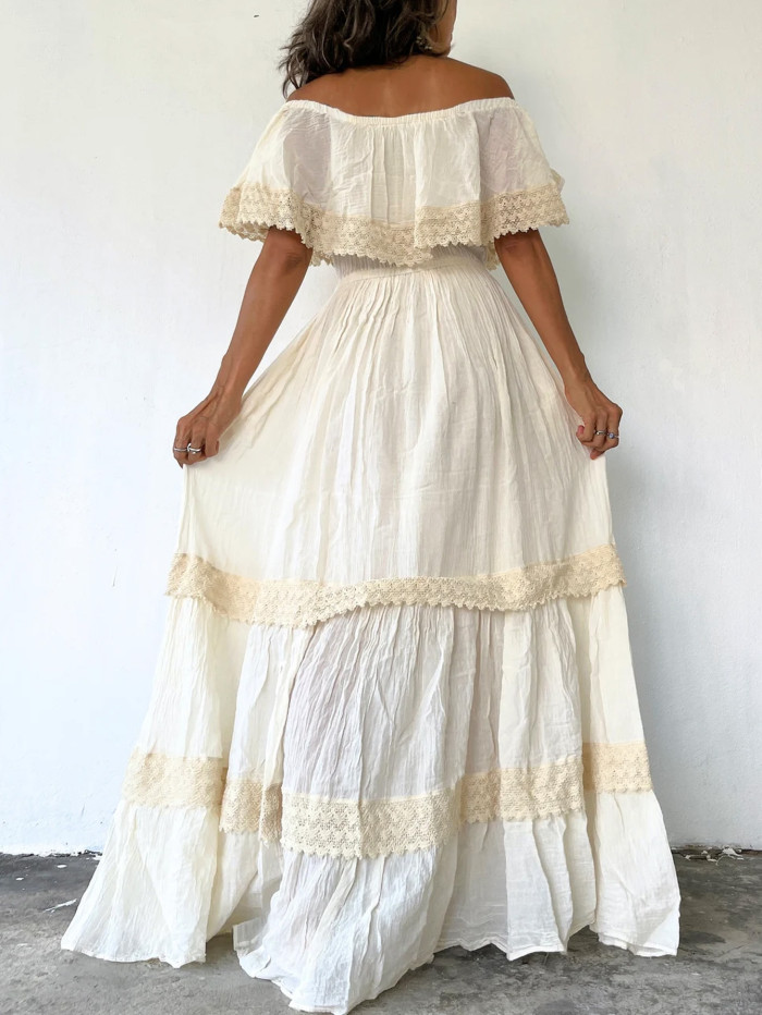 Retro Floral Print Lace V-Neck Elegant Classic Flared Sleeve Holiday Elegant Maxi Dress