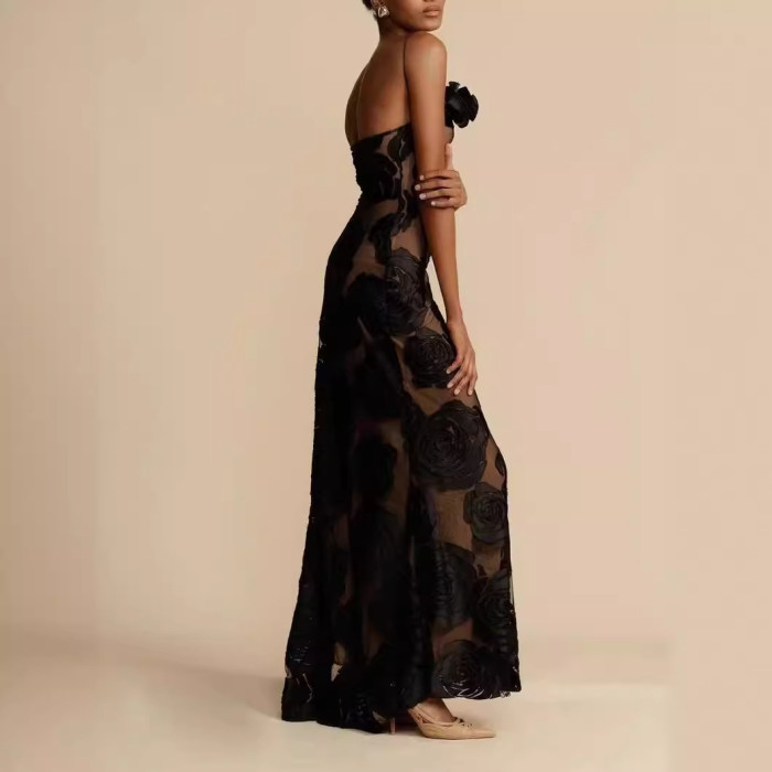 New Women's Sexy  Black Perspective Suspender Sexy Backless Long Evening Dresses for Women