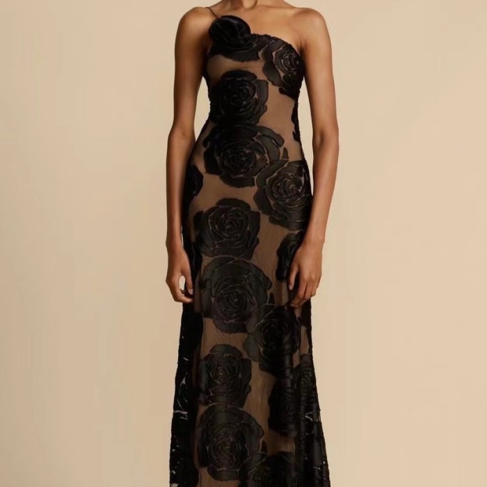 New Women's Sexy  Black Perspective Suspender Sexy Backless Long Evening Dresses for Women