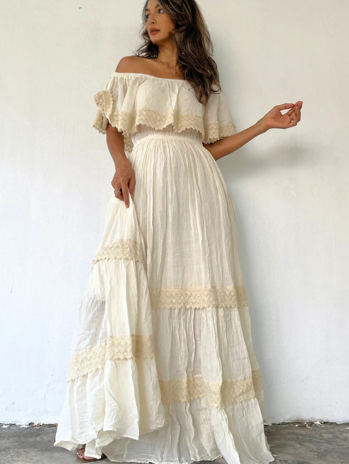 Retro Floral Print Lace V-Neck Elegant Classic Flared Sleeve Holiday Elegant Maxi Dress