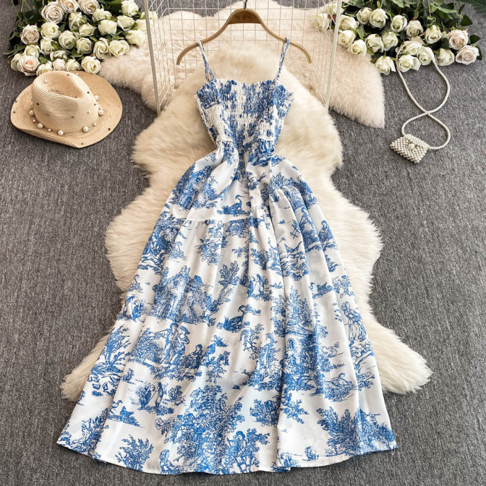 Fashion Print Romantic Retro Party Elastic High Waist Holiday Maxi Beach Dress