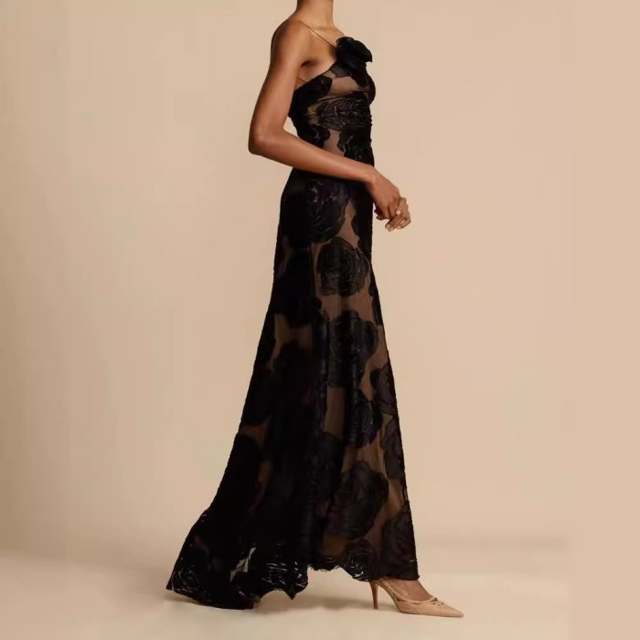 New Women's Sexy  Black Perspective Suspender Sexy Backless Long Evening Dresses for Women