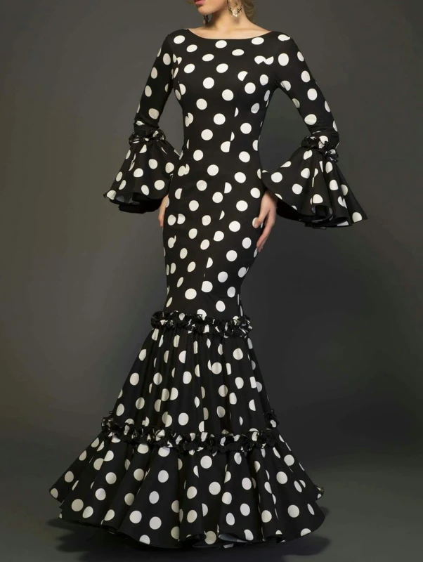 Elegant Fashionable Trumpet Sleeves Polka Dot Decoration Cascading Ruffle Hem Sexy Fishtail  Evening Dress