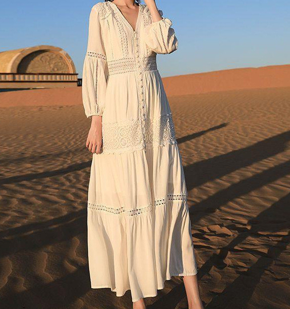 Women's Fashion Retro Casual White Lace Holiday Beach Long Dress