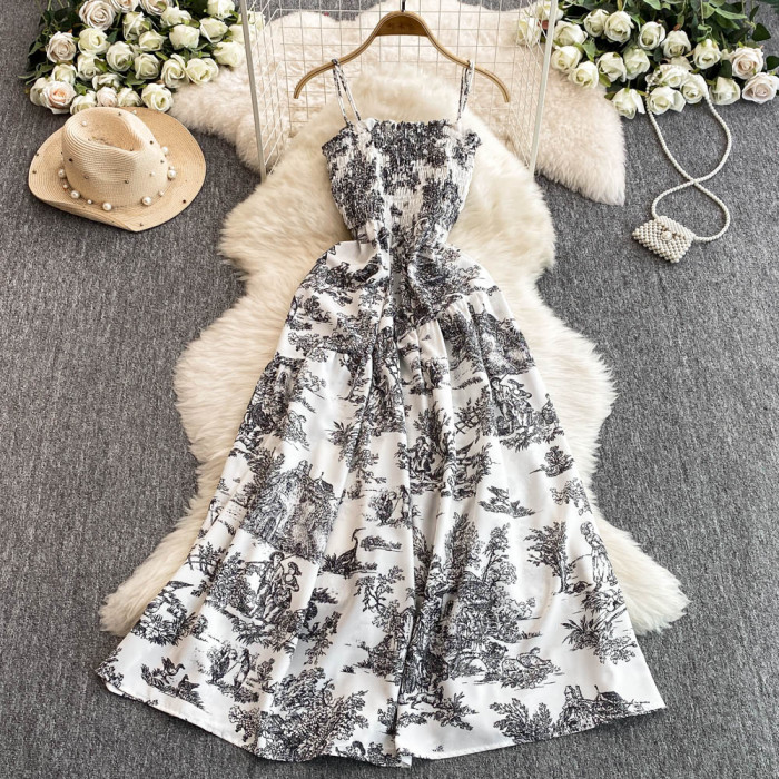 Fashion Print Romantic Retro Party Elastic High Waist Holiday Maxi Beach Dress