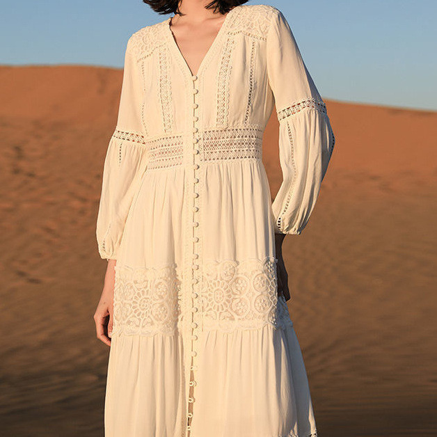 Women's Fashion Retro Casual White Lace Holiday Beach Long Dress