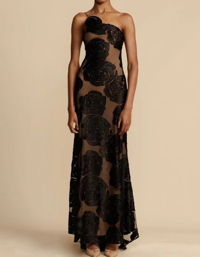 New Women's Sexy  Black Perspective Suspender Sexy Backless Long Evening Dresses for Women