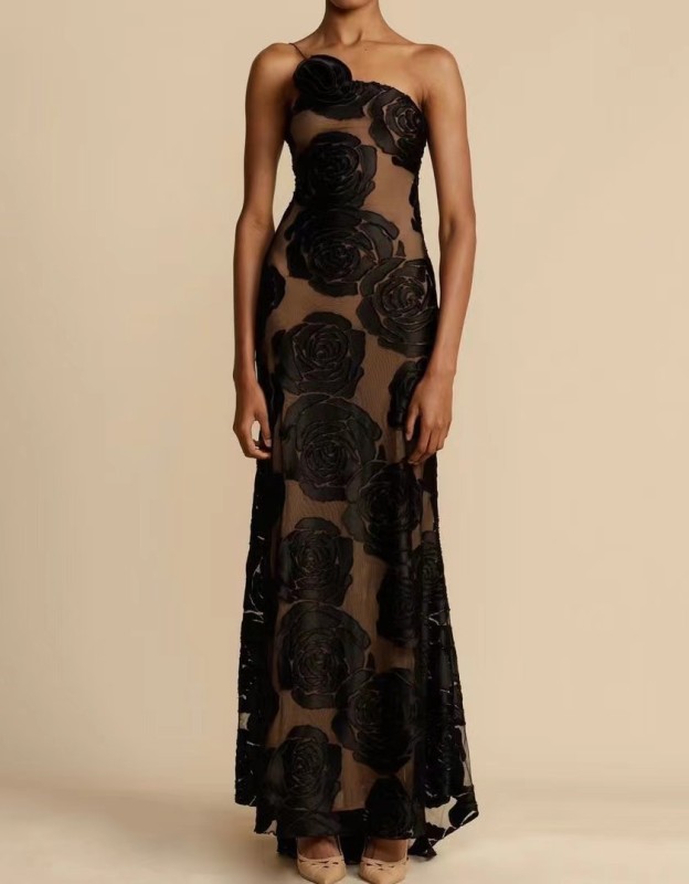 New Women's Sexy  Black Perspective Suspender Sexy Backless Long Evening Dresses for Women