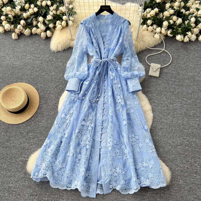 Luxury Embroidery Formal Lantern Long Sleeve Lace  Prom Evening Birthday Party Dress