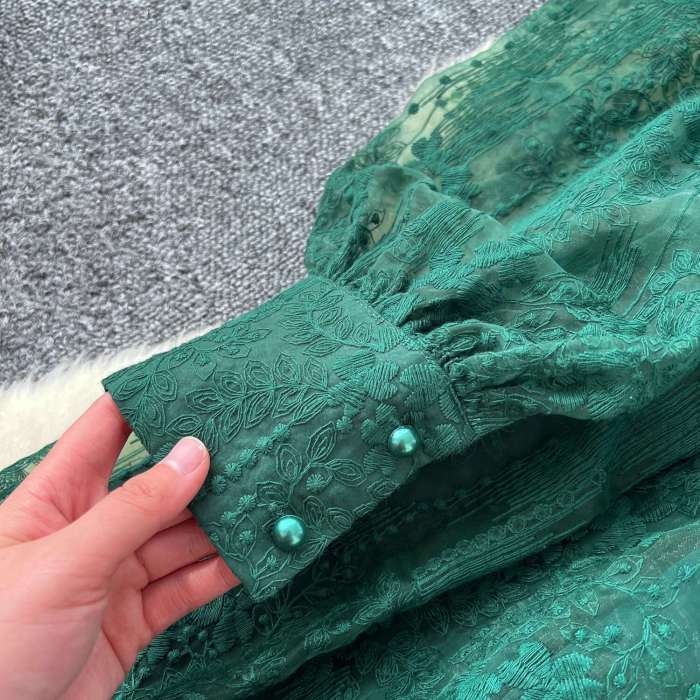 Luxury Embroidery Formal Lantern Long Sleeve Lace  Prom Evening Birthday Party Dress