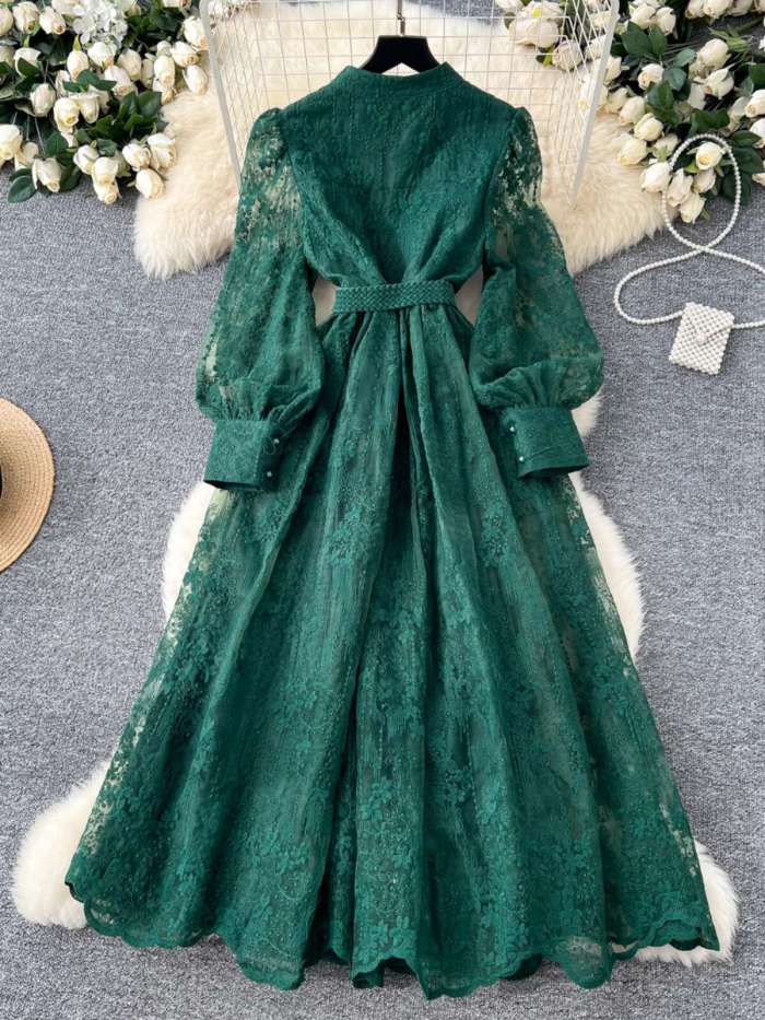 Luxury Embroidery Formal Lantern Long Sleeve Lace  Prom Evening Birthday Party Dress