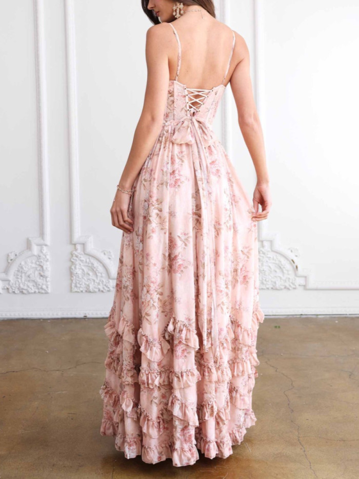 Sexy Beach Square Collar Sleeveless High Waist Split Ruched Temeprament Maxi Dress