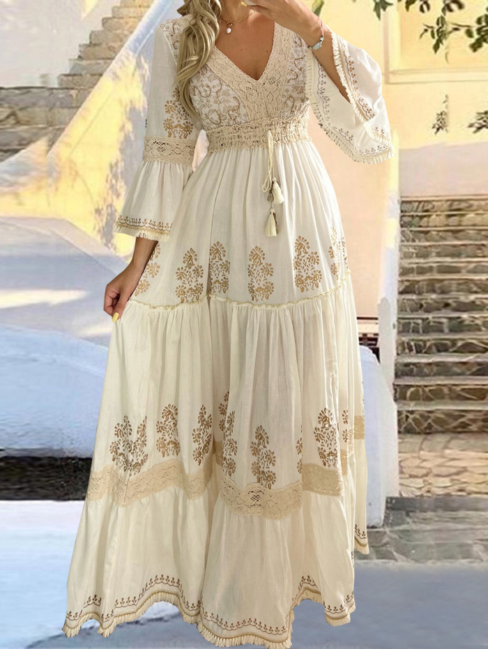 Retro Floral Print Lace V-Neck Elegant Classic Flared Sleeve Holiday Elegant Maxi Dress