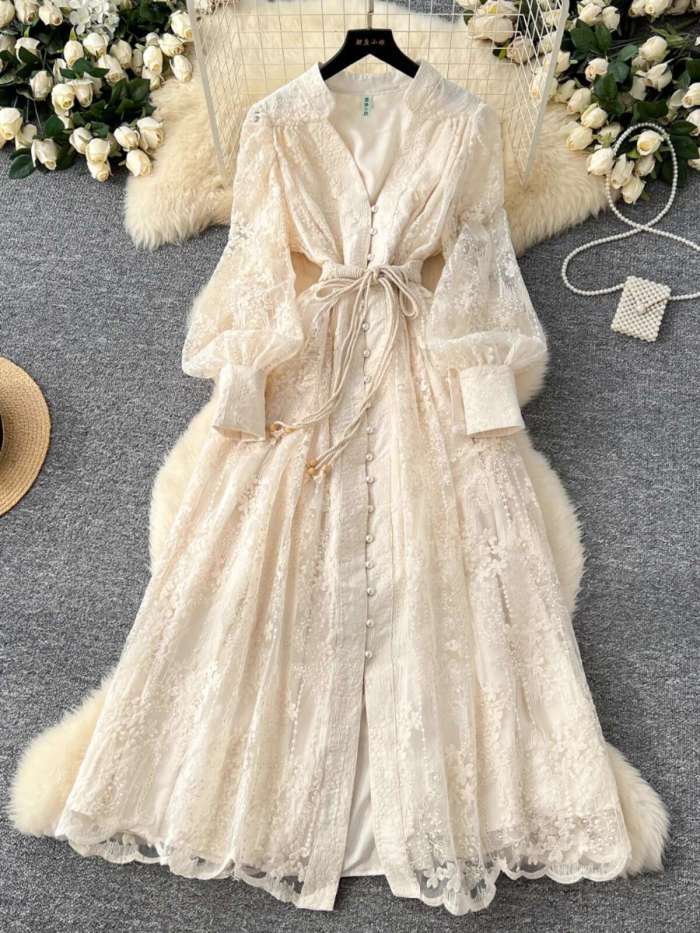 Luxury Embroidery Formal Lantern Long Sleeve Lace  Prom Evening Birthday Party Dress