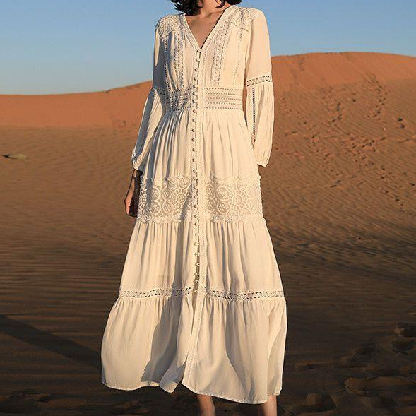 Women's Fashion Retro Casual White Lace Holiday Beach Long Dress