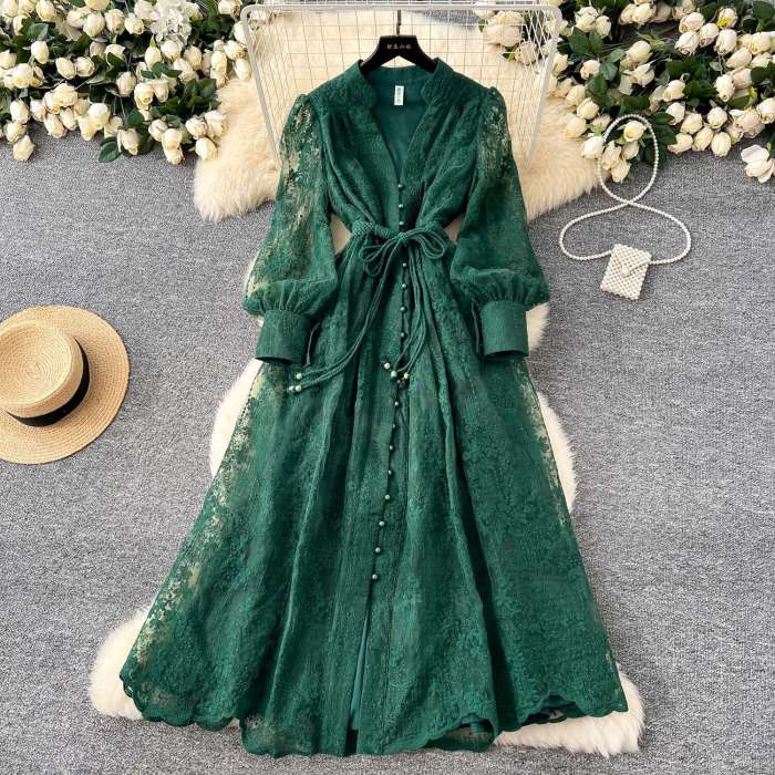 Luxury Embroidery Formal Lantern Long Sleeve Lace  Prom Evening Birthday Party Dress