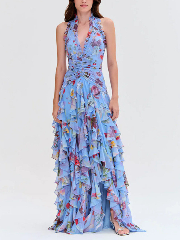 Fashion Sexy Sleeveless Neck-mounted V-neck Print Sweet Backless Fit And Flare Slim Fit  Maxi Dresses