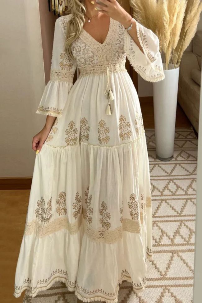 Retro Floral Print Lace V-Neck Elegant Classic Flared Sleeve Holiday Elegant Maxi Dress