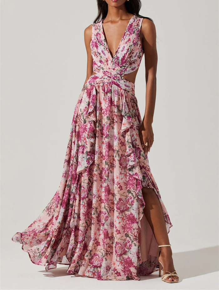 Fashion Sexy Sleeveless V-neck Fit And Flare Print Floral Slim Fit Split Floor-Length Camisole Dress