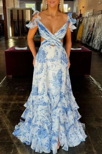 New Fashion Sexy Sleeveless V-neck Spaghetti Strap Backless Fit And Flare Swing Print Floral Slim Fit Split Floor-Length Dress