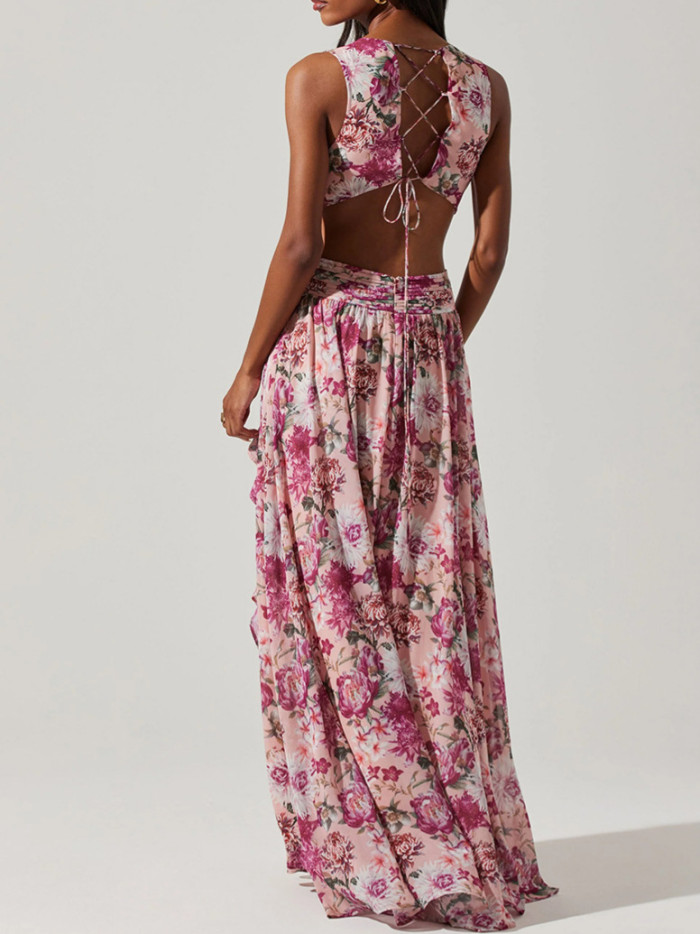 Fashion Sexy Sleeveless V-neck Fit And Flare Print Floral Slim Fit Split Floor-Length Camisole Dress
