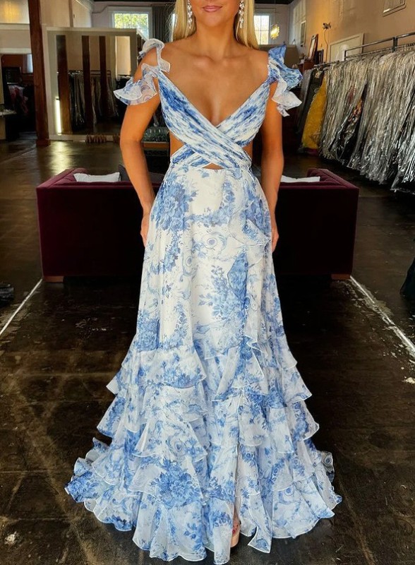 New Fashion Sexy Sleeveless V-neck Spaghetti Strap Backless Fit And Flare Swing Print Floral Slim Fit Split Floor-Length Dress