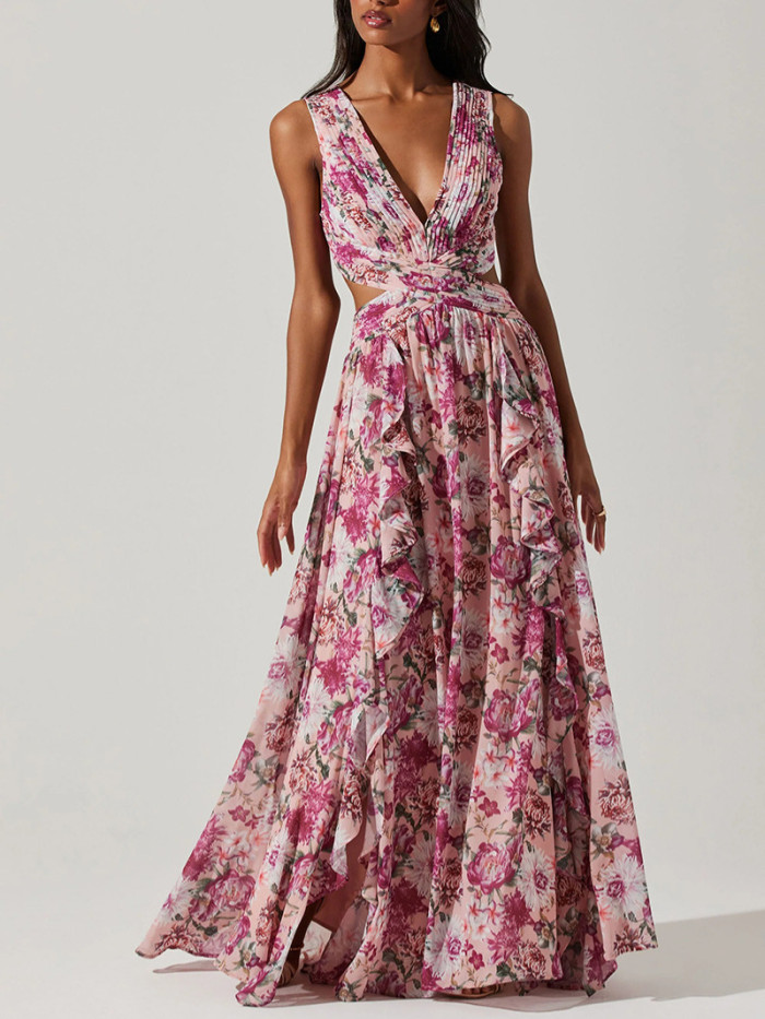 Fashion Sexy Sleeveless V-neck Fit And Flare Print Floral Slim Fit Split Floor-Length Camisole Dress