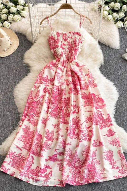 Fashion Print Romantic Retro Party Elastic High Waist Holiday Maxi Beach Dress