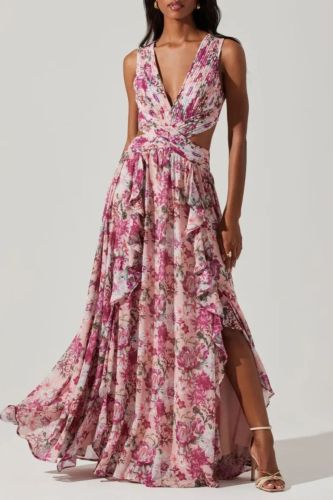 Fashion Sexy Sleeveless V-neck Fit And Flare Print Floral Slim Fit Split Floor-Length Camisole Dress