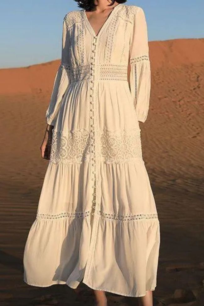 Women's Fashion Retro Casual White Lace Holiday Beach Long Dress