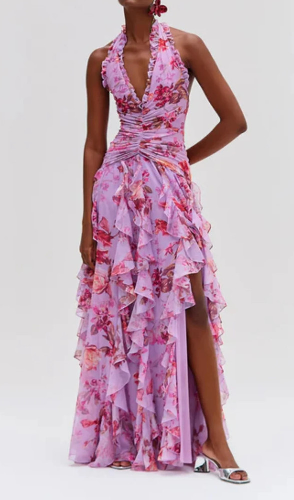 Fashion Sexy Sleeveless Neck-mounted V-neck Print Sweet Backless Fit And Flare Slim Fit  Maxi Dresses