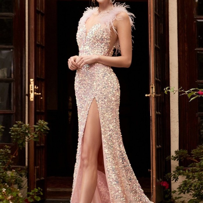 Women's Sequin Temperament Commuting Solid Color Mid Waist Red Feather  Evening Gown Dress