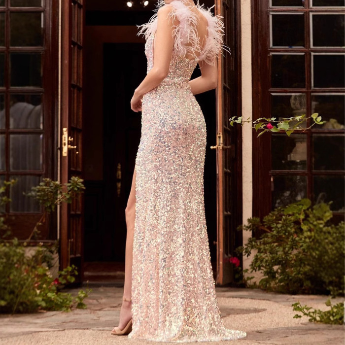 Women's Sequin Temperament Commuting Solid Color Mid Waist Red Feather  Evening Gown Dress